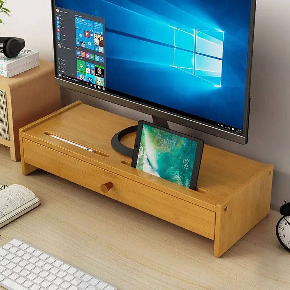 Support de bureau en bois avec tiroir pour écran et accessoires - Support Innovant