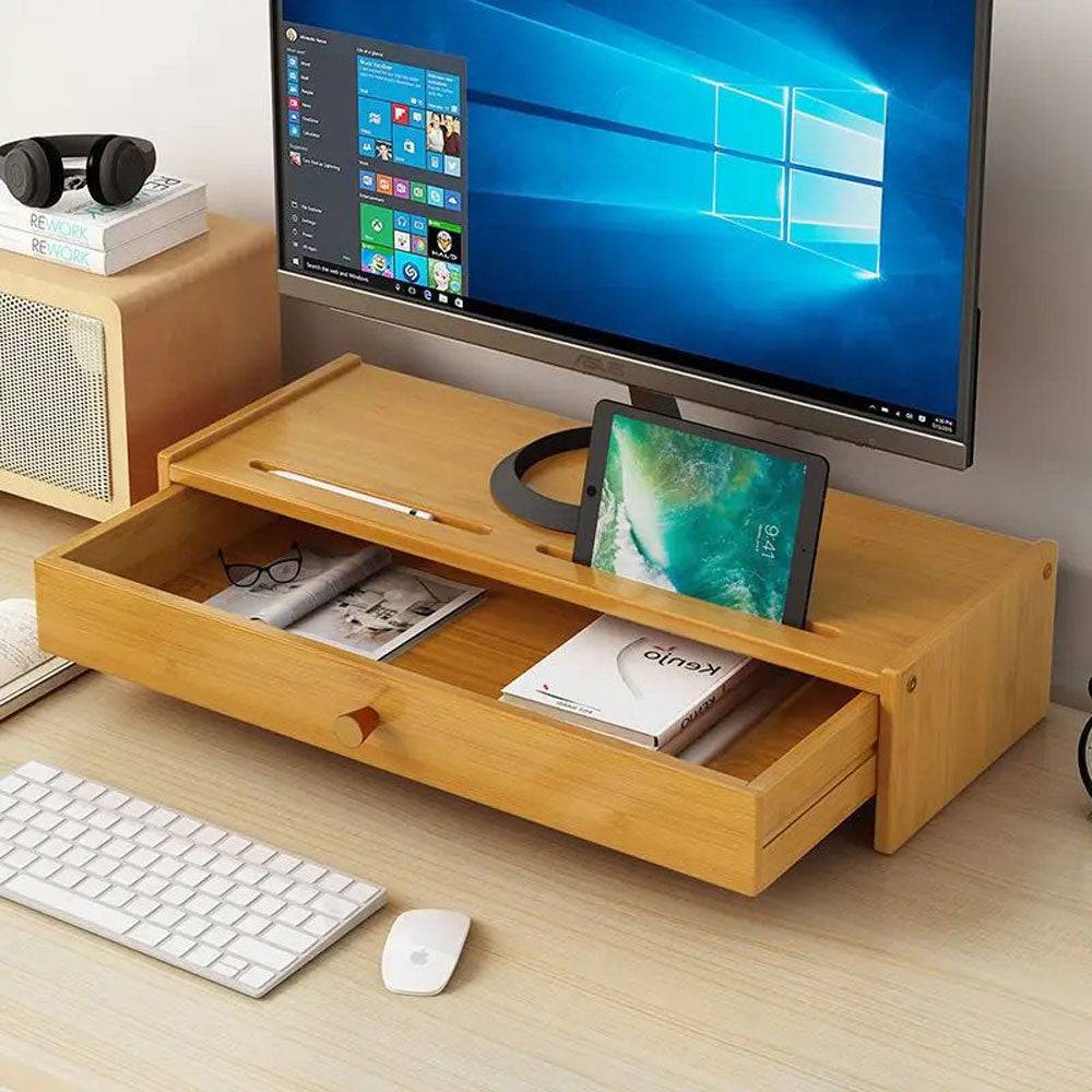 Support de bureau en bois avec tiroir pour écran et accessoires - Support Innovant