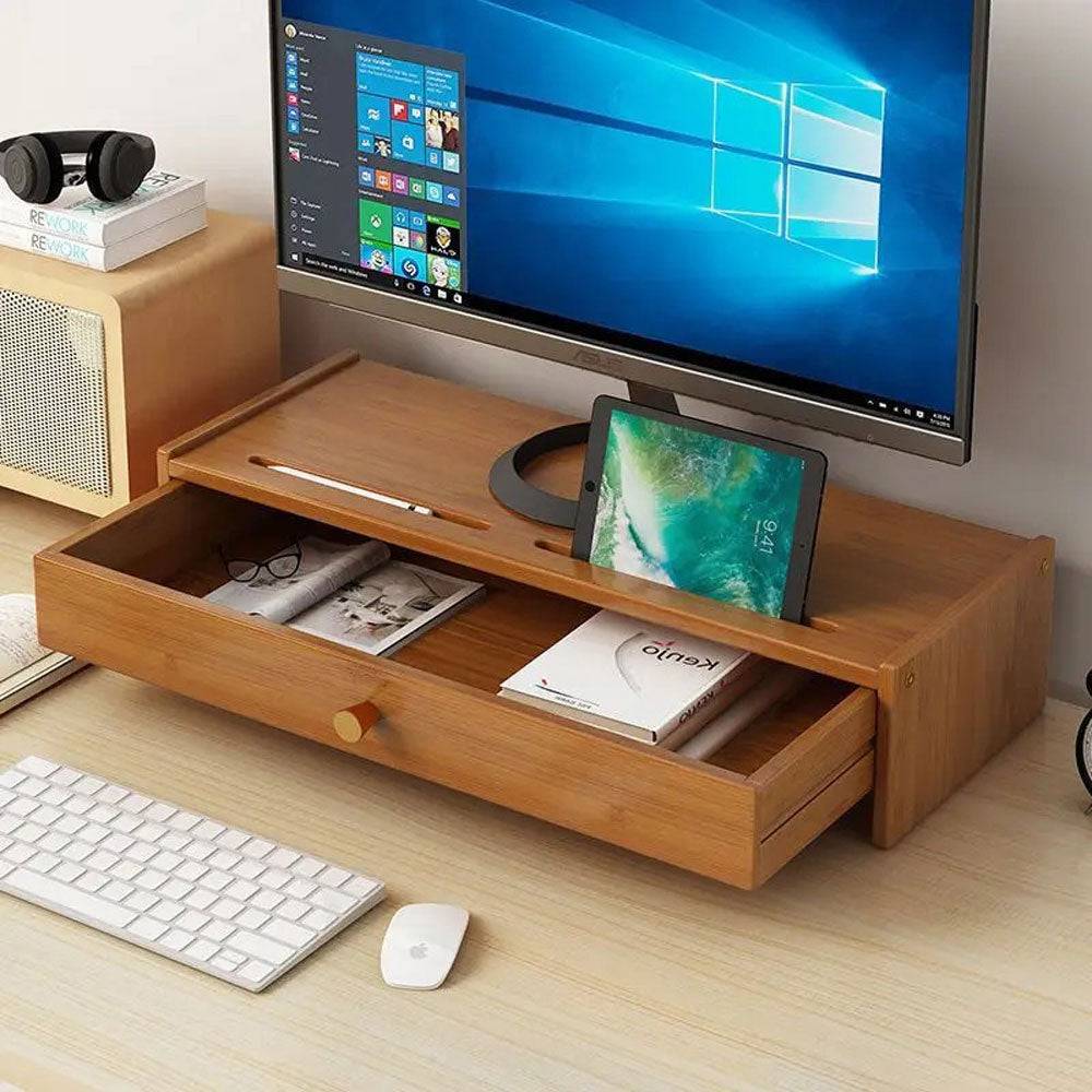 Support de bureau en bois avec tiroir pour écran et accessoires - Support Innovant