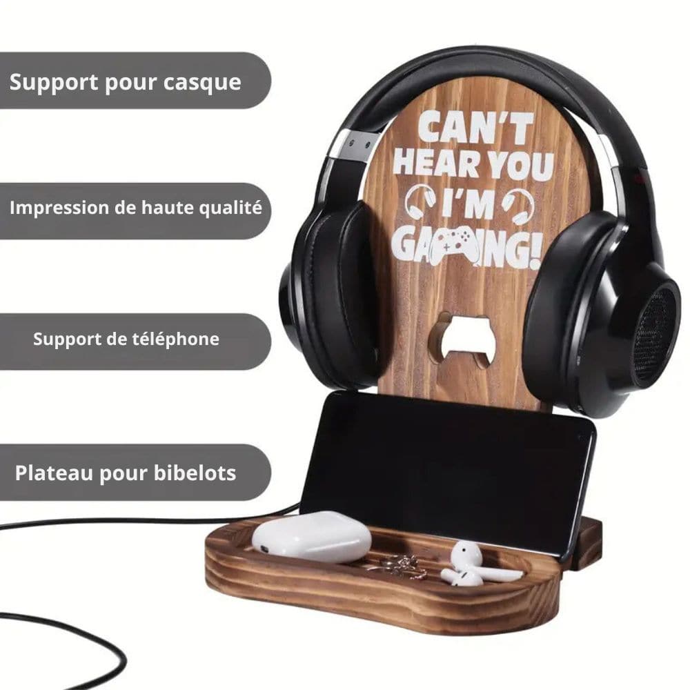 Support de Casque Gaming en Bois avec Compartiments Accessoires - Support Innovant